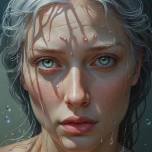 a striking close-up portrait of a caucasian woman, with wet silv...