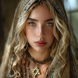 A stunning woman with blonde hair, donning a Star of David penda...