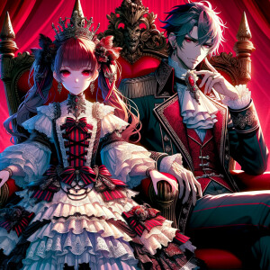 A girl with elegant gothic lolita dress sit beside handsome Lucifer, red background, thrones