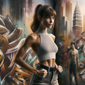 Athletic Thin skinny Attractive, Asian teenage girl, long brown hair and bangs, wearing tight skinny jeans and a halter top paint marks on her clothing, heroic pose Asian graffiti background, side view