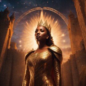 Visualize a striking Afrocentric Mixed Ethnicity woman standing...