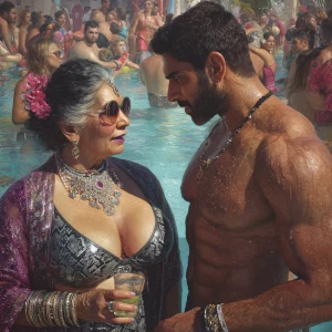 Hyperrealistic art. a punjabi  villain  curvy mother in law, in...