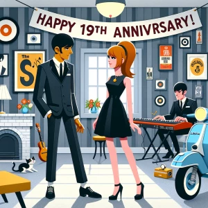 ‘Happy 19th Anniversary!’ Written
A 60s mod vibe with a tan male...