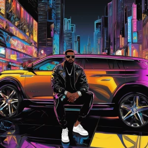 Panel 1: Arrival of the SUV
	•	Scene: A nighttime cityscape with neon lights and spotlights reflecting off a sleek black luxury SUV (massive, glossy black exterior, tinted windows).
	•	Primo: Seated in the back, wearing a full Louis Vuitton (LV) outfit—LV jacket, pants, sneakers, and a crossbody bag. His High Fade haircut is sharply styled, shining under the streetlights.
	•	Atmosphere: Fans and paparazzi gather around, trying to catch a glimpse of PRIMO.