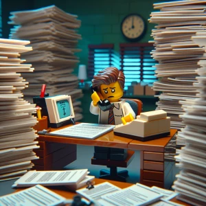 Create an image depicting a Lego minifigure in an office setting...