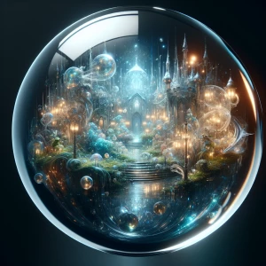 A translucent sphere reflecting a fantasy world with realistic l...
