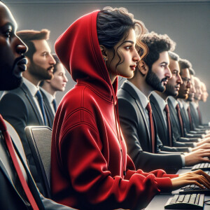 Backside profile of a young woman wearing red hodie, surrounded by backside profile of men with black suits who work in front of computer screens