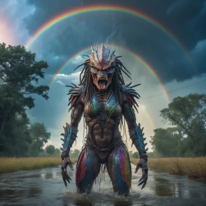 Double exposure horror thunderstorm rainbow entity, in the style...