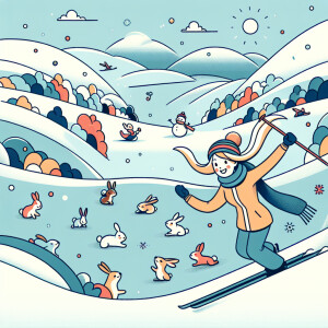 Whimsical winter scenery featuring a blonde woman skiing accompa...