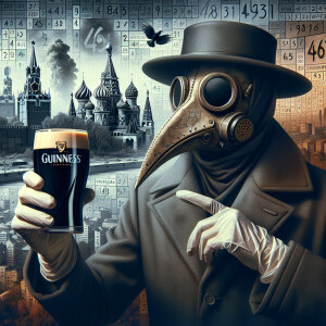 A plague doctor in the Fallout world, standing against the backd...