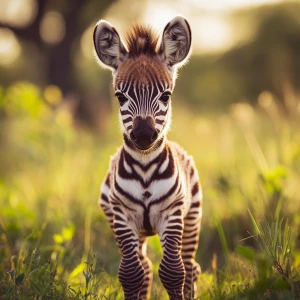 An adorable newborn baby zebra with fuzzy black and white stripe...