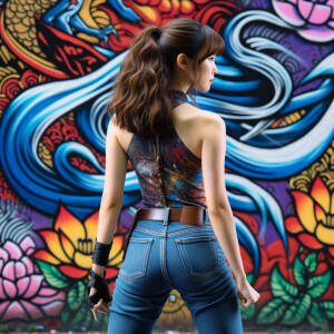 Attractive, Asian teenage girl, long brown hair and bangs, wearing tight skinny jeans and a halter top paint marks on her clothing, backside view heroic pose Asian graffiti