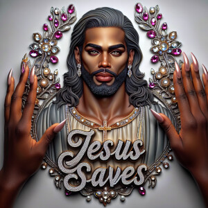 A 3D realistic artwork featuring the phrase 'Jesus Saves' adorne...