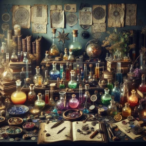 Create a detailed image of a potion table, featuring an array of...