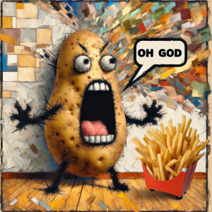 Prompt: a potato screams at the fries lying in front of him, spe...