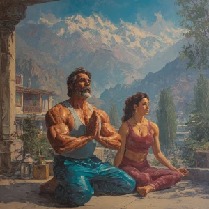 realism,sharp painting,A man muscular beefy sweaty doinga yoga s...