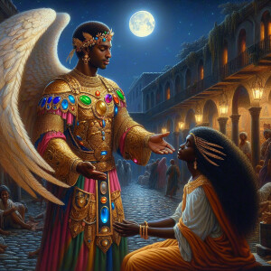 Create an oil painting image featuring a male angel and a grievi...