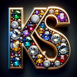 Create a 3-D realistic image with the letters  K.S. in gold raised letters , Add diamonds and colorful jewels