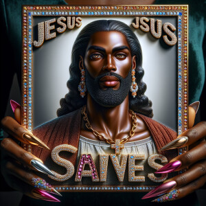 A 3D realistic artwork featuring the phrase 'Jesus Saves' adorne...