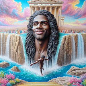 A hyper-realistic 3-Dh oil painting colorful waterfall out of th...