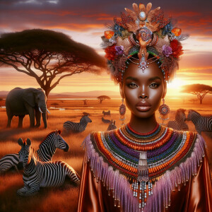 Envision a magnificent African savannah at the golden hour of su...