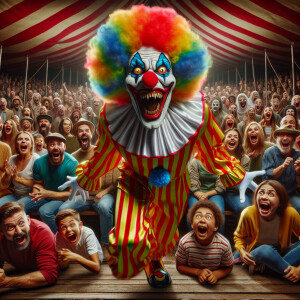 A very scary clown scares people in the circus to tears