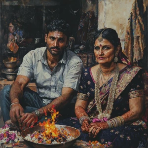 Hyperrealistic painting,A sweaty  man sitting beside his mother...