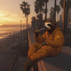 Sloths slerf meme..leaning on boardwalk railing smoking a cigare...