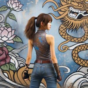 Attractive, Asian teenage girl, long brown hair and bangs, weari...