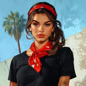 Lucia from GTA, not a pretty girl with brown hair, thick eyebrow...