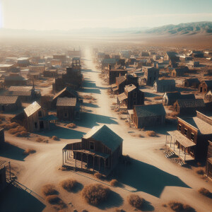 4k quality, drone over Old Western ghost Town, in the 1920’s, da...