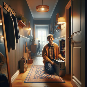 "Create a scene depicting the sixth frame. Show the interior of...