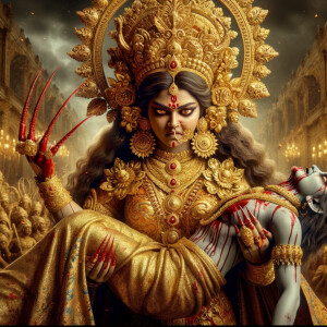 portrait of angry looking goddess durga  carrying a weak mahishasur in her arms and stabbing him with her amazingly long red fingernails. She is wearing gold armor, a huge gold crown, gold saree, abundant  gold jewelry, covered in blood. The scene is set in ancient India. The image is 8K resolution, cinematic, ultra detailed face and epic.