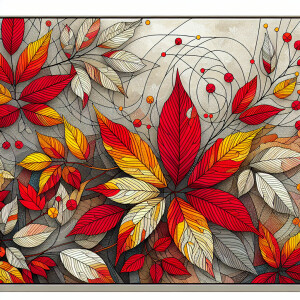 Visualize a canvas depicting vibrant autumn-colored leaves with...