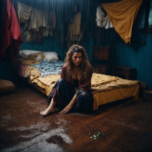 A shamed cheating Wench clothes torn, squatting beside a bed at...