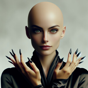 A pale skinned ,bald woman, with glowing green eyes, long black...