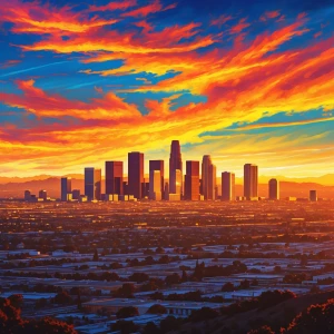 A vivid depiction of the city of Los Angeles bathed in the warm,...