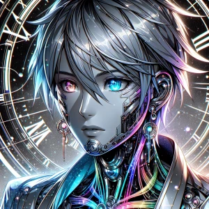 A shimmering time-traveling anime protagonist, their metallic sk...