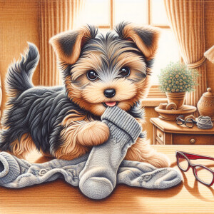 A charming and amusing illustration of a playful yorkie puppy st...