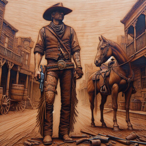 An old west cowboy standing in the middle of the road, in the m...