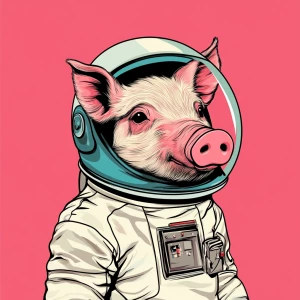 Cute cartoon pig in vintage white spacesuit and NASA style helme...