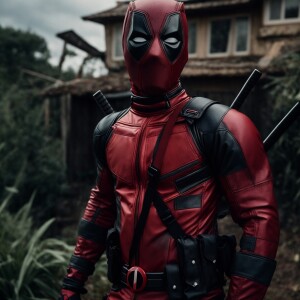 Wearing a deadpool fitted suit near him is another kid wearing a...