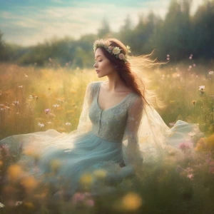 Double Single exposure scene depicting a tranquil, sunlit meadow...