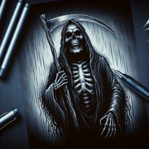 Ballpoint pen drawing of a grim reaper Full body figure, errie b...