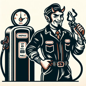 A 1950s design devil in a mechanics jumpsuit, standing next to a...