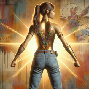 Athletic Thin skinny Attractive, Asian teenage girl, long brown hair and bangs, wearing tight skinny jeans and a halter top paint marks on her clothing, heroic pose Asian graffiti background, backside view