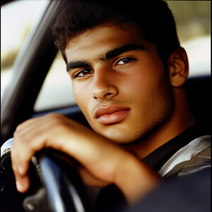 A shot from the front of the car shows a young Arab male with hi...