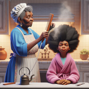 Create a realistic 3-D image of an african-American grandmother wearing a blue house dress and a white apron . She is in the kitchen with her african-American granddaughter. Her granddaughter is wearing a pink bath robe. The grandmother has a hot comb in her hand and she is straightening her granddaughters hair. One side of her granddaughters hair is in  a Afro the other straight 
There is smoke coming from the hot comb
The granddaughter is making a face