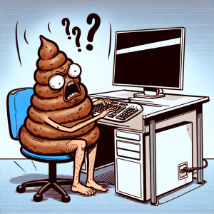 A humorous scene of a pile of poop sitting at a computer, lookin...
