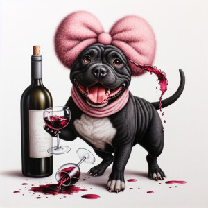 realistic illustration of a whimsical happy drunk black pitbull...